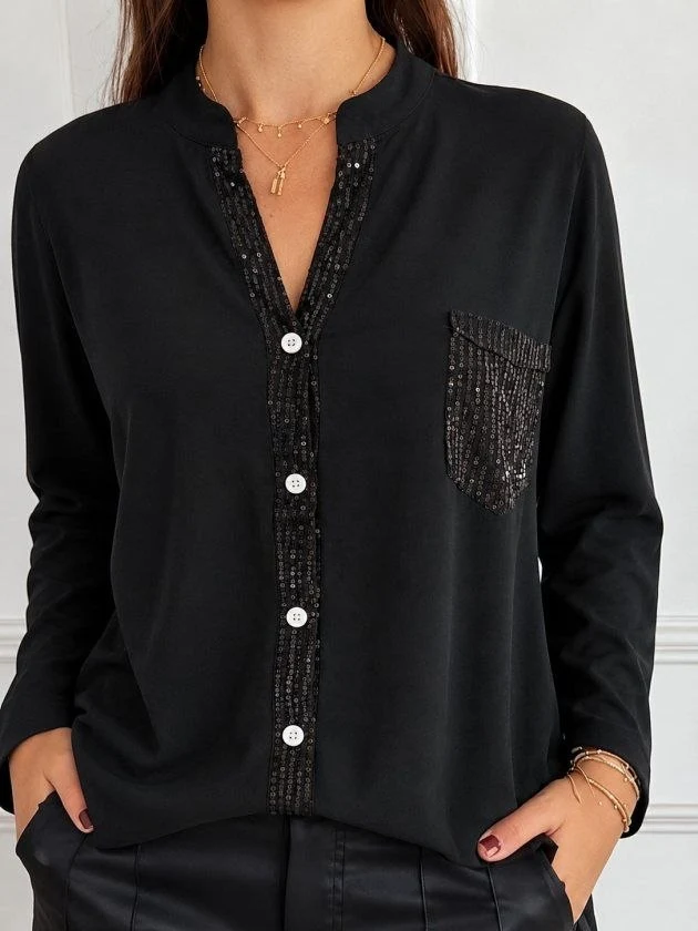 Button-Front Blouse with Sequin Trim — 46258