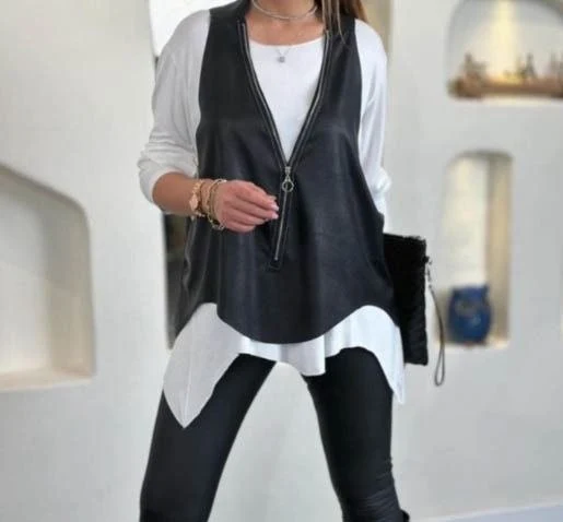 Asymmetric Top and Leather-Look Vest Set — 72214