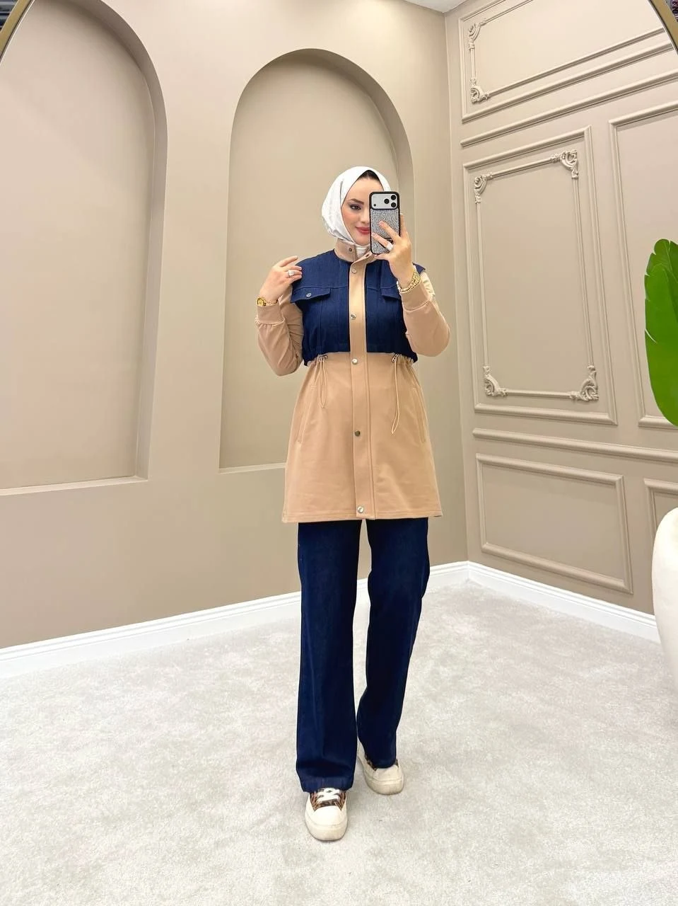 طقم تونيك بغطاء رأس وبنطال مع أجزاء جينز — A-154