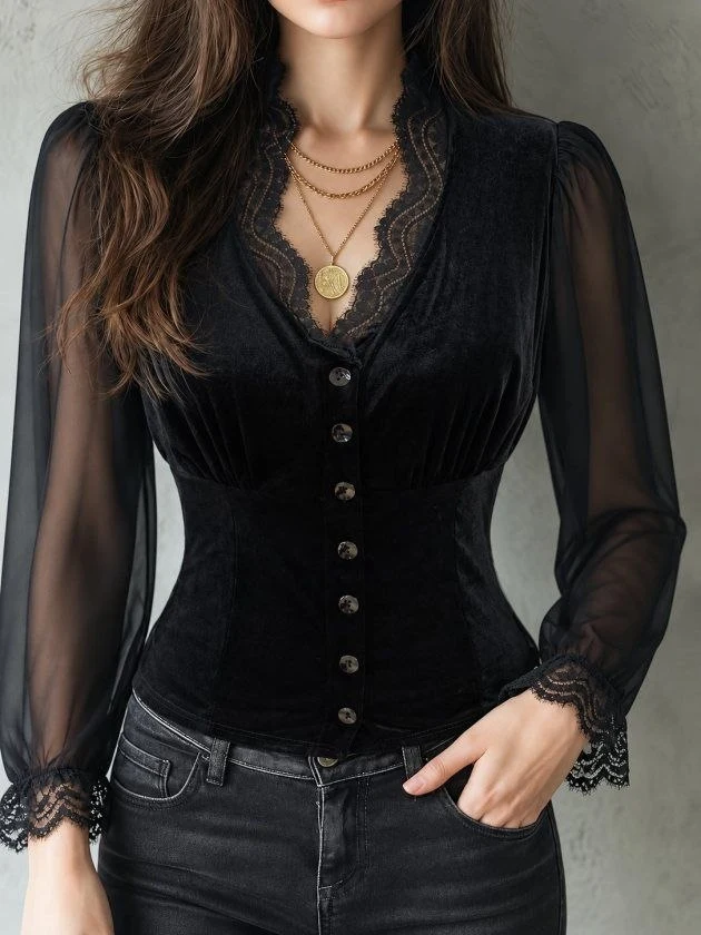 Velvet Blouse with Sheer Sleeves and Lace Trim — 98106
