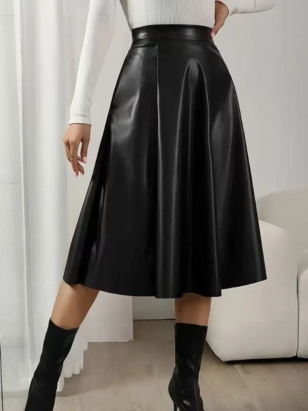 Women’s High-Waist Flared Leather-Look Skirt — 76304