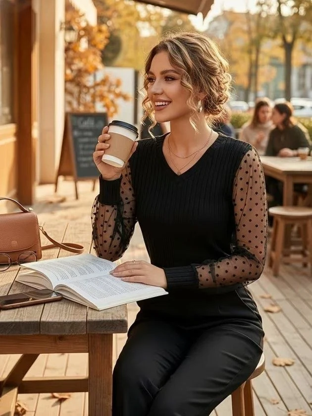 Women’s V-Neck Ribbed Top with Dotted Tulle Sleeves — 65077