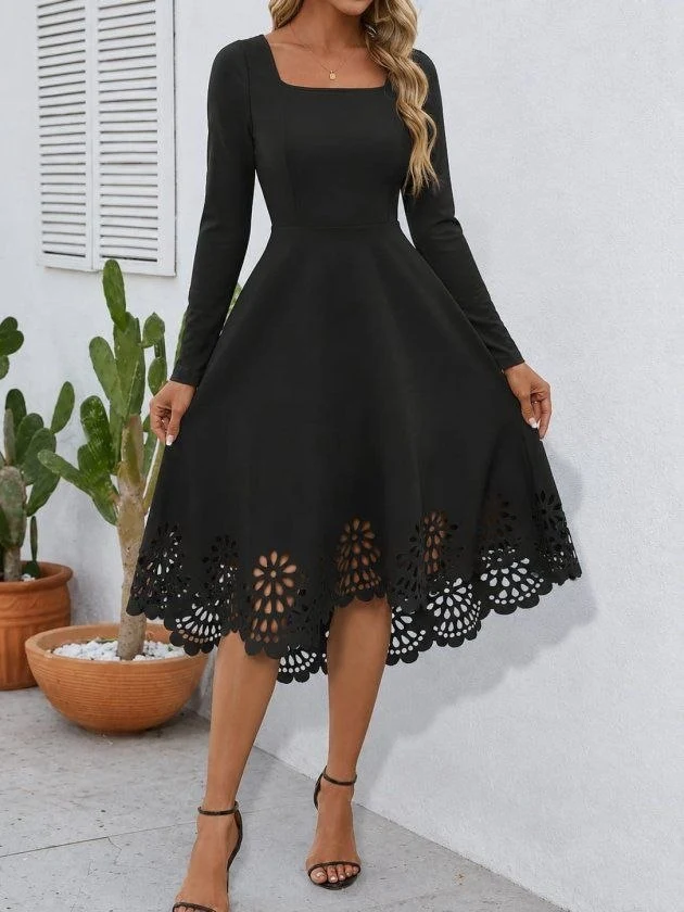 Square-Neck Midi Dress with Floral Cutout Hem — 72502