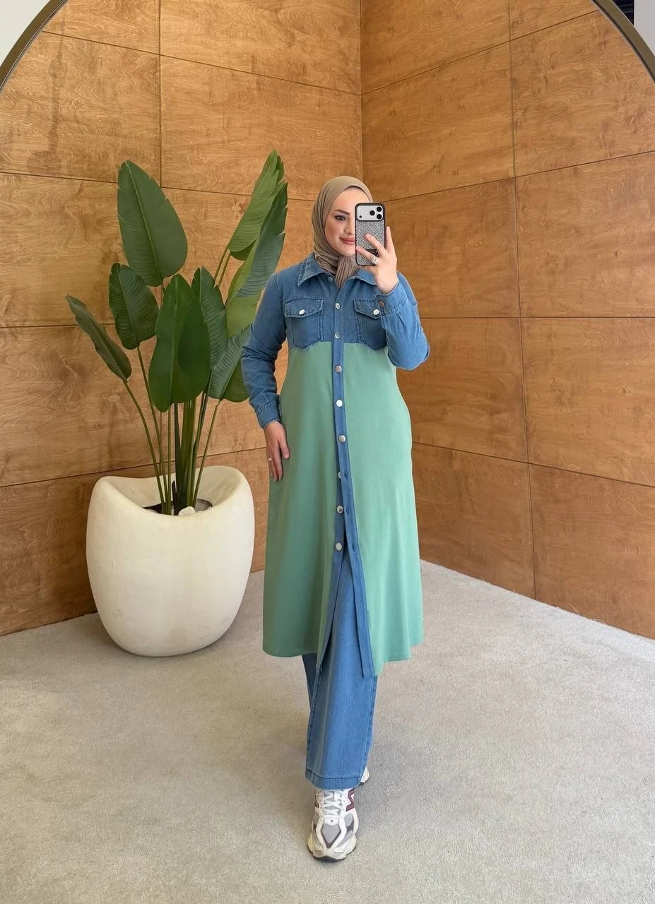 Denim and Contrast-Panel Long Tunic Set — A-148