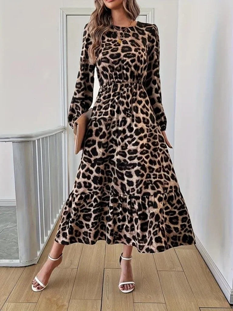 Women's Leopard-Print Long-Sleeve Midi Dress — 51028