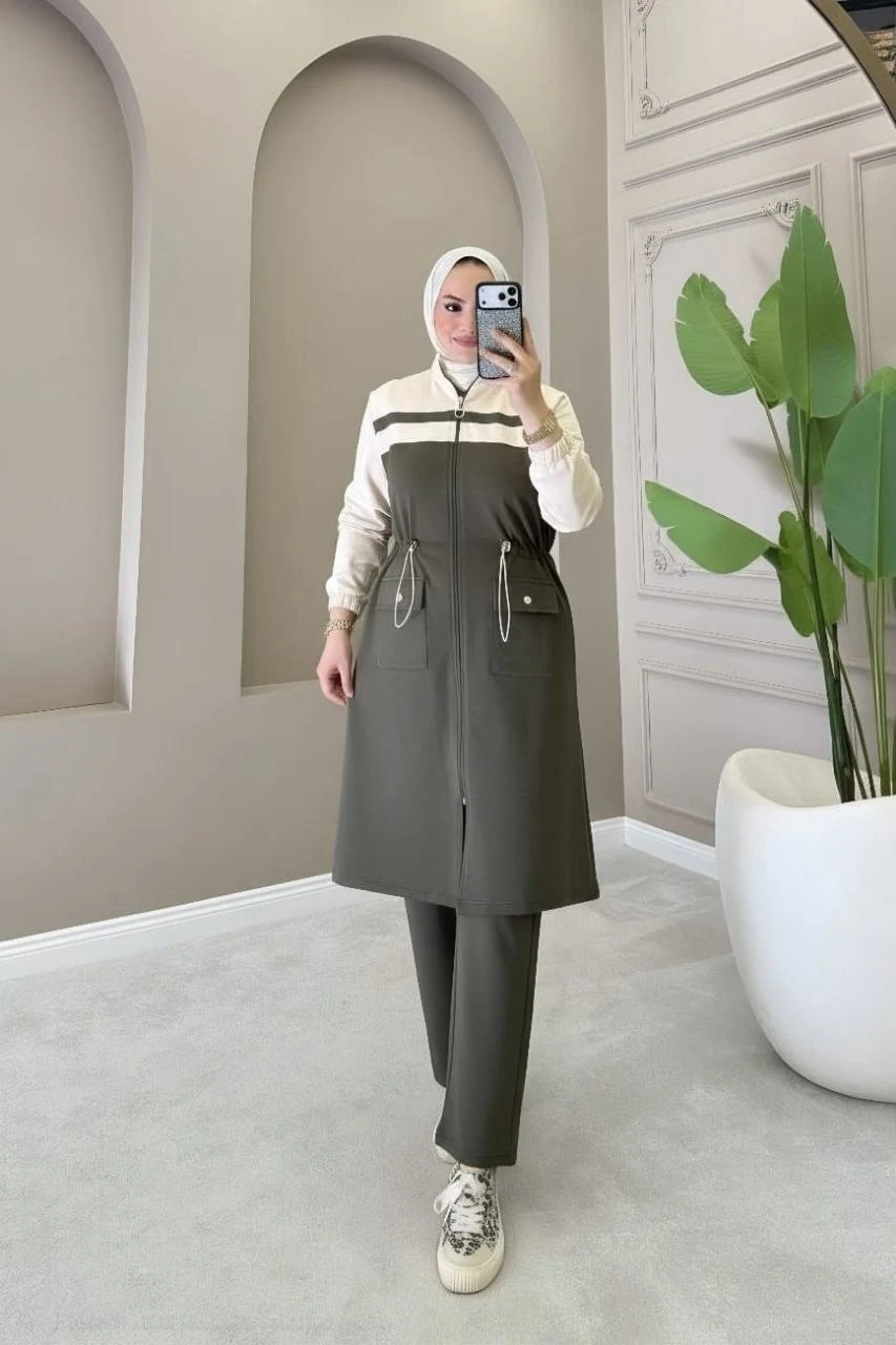 طقم نسائي من تونيك وبنطال بأجزاء متباينة — 5006