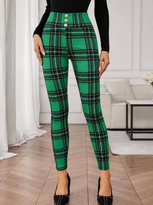 High-Waist Checked Scuba Leggings — 98115