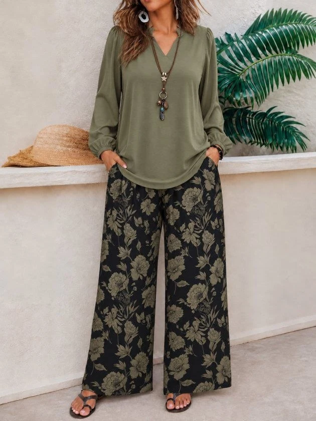 V-Neck Blouse and Floral Wide-Leg Trouser Set — 68100