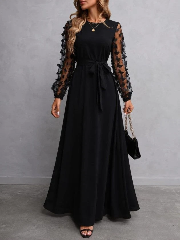 Women’s Maxi Dress with Sheer Floral Sleeves — 72529