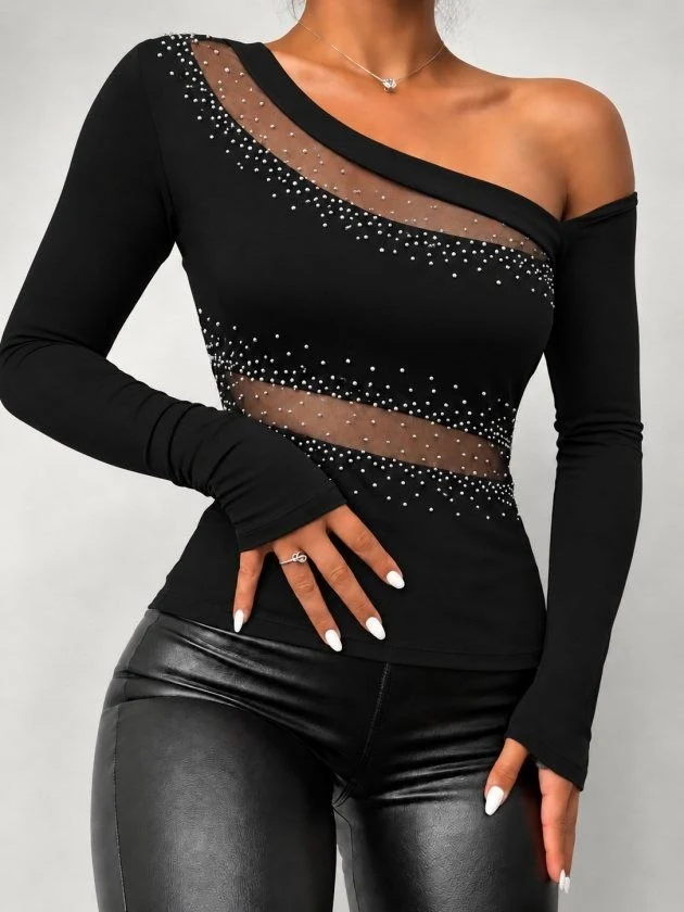 Asymmetric Scuba Top with Tulle and Embellishment — 72540