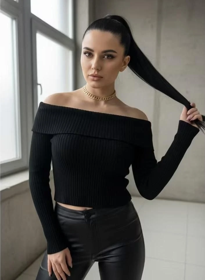 Off-Shoulder Ribbed Long-Sleeve Top — 5014