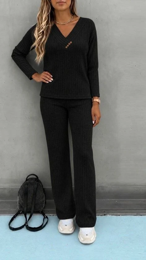 V-Neck Ribbed Top and Trousers Set — 87331