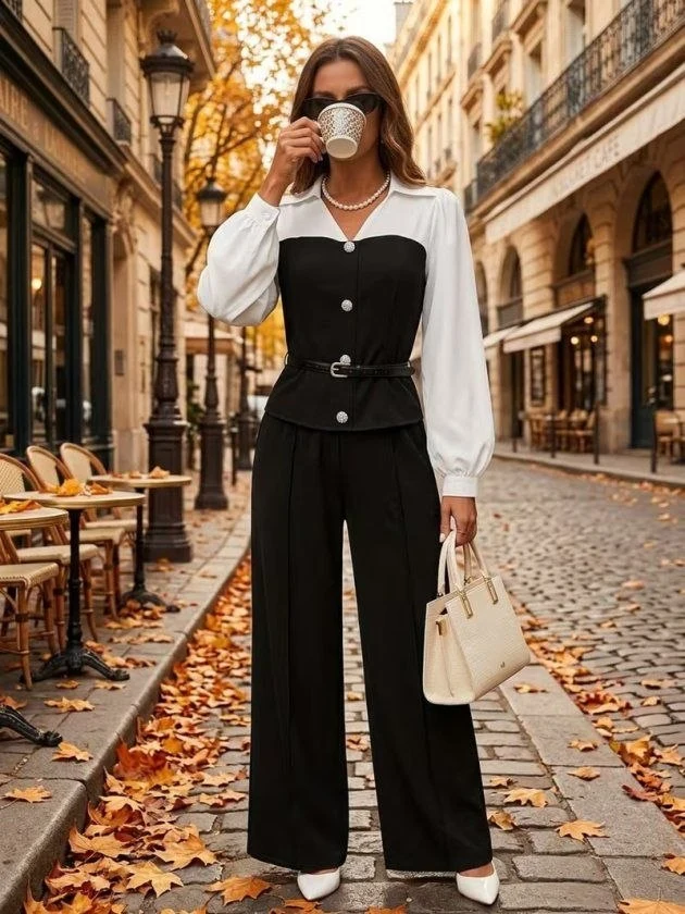 Women’s Two-Piece Colour-Block Shirt and Trouser Set — 12123