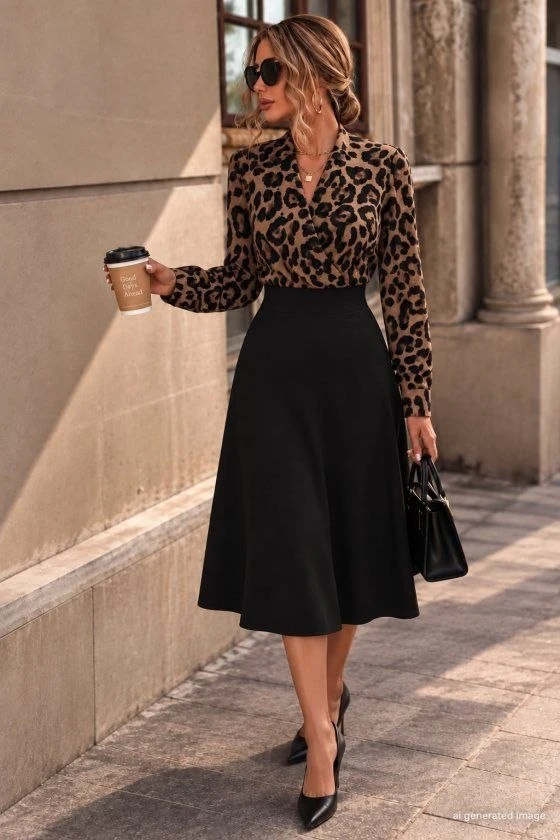 Leopard-Panel Collared Midi Dress — 62755