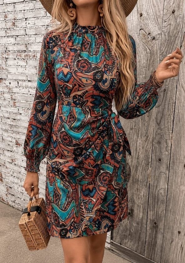 Printed Mock-Neck Short Dress with Waist Tie — 62676