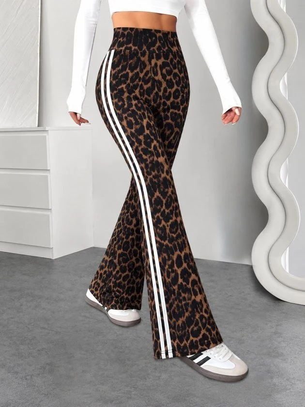 Leopard-Print Flared Leggings with Side Stripes — 76302
