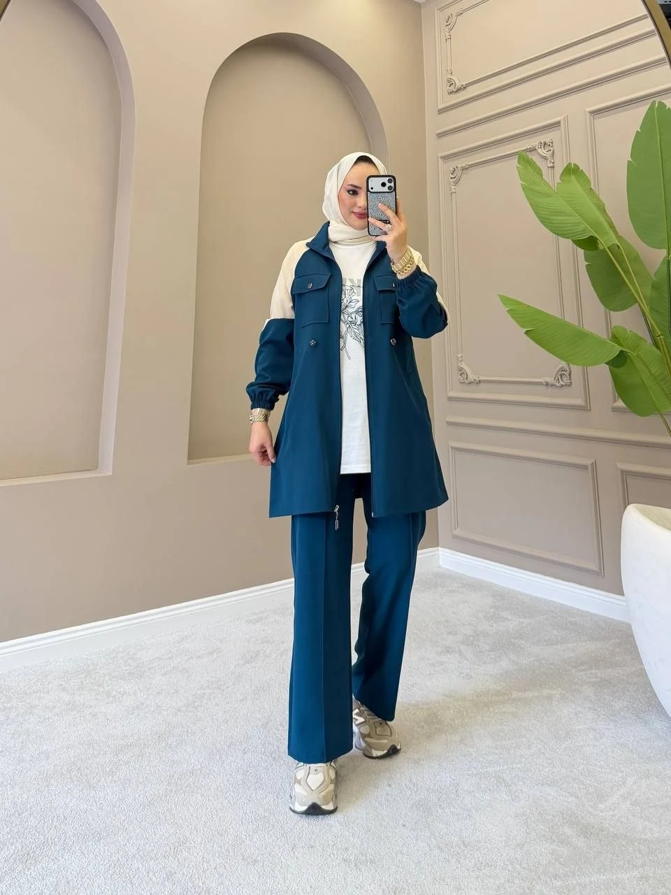 Three-Piece Colour-Block Long Jacket Outfit — A-160