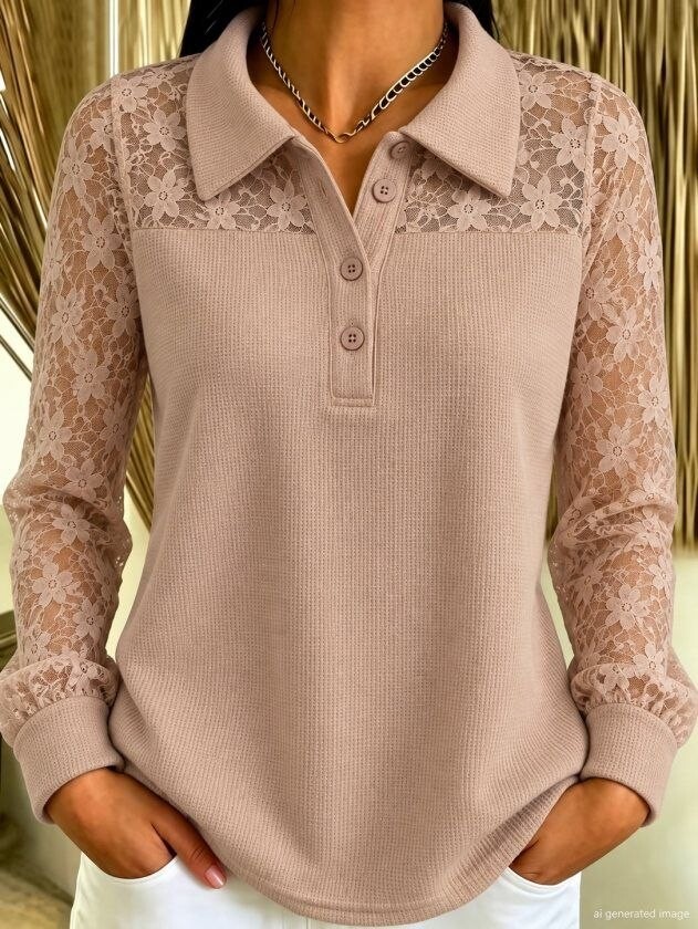 Women’s Lace-Panel Collared Waffle Top — 62732