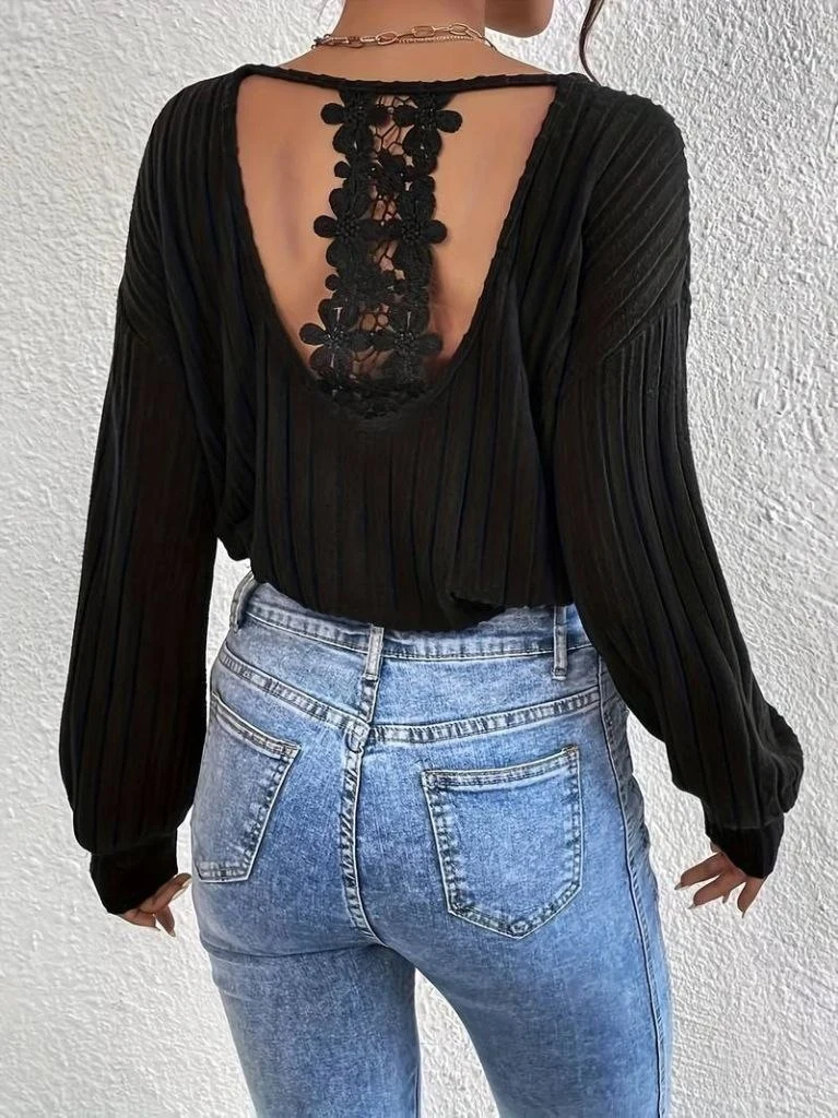 V-Neck Ribbed Top with Lace Back Detail — 97066