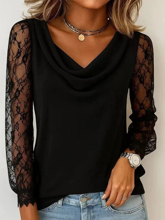 Women’s Cowl-Neck Top with Lace Sleeves — 4704