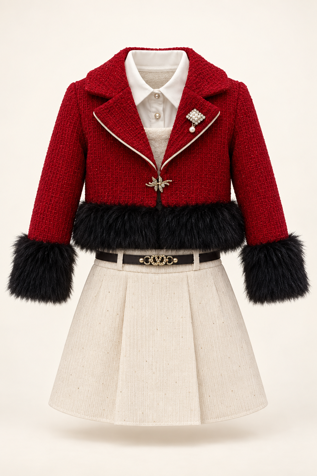 أحمر وتنورة عاجية / Red & ivory skirt / Kırmızı ve ekru etek — AI-generated styling
