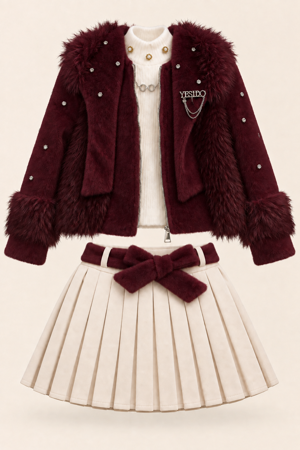 عنابي وتنورة سكرية / Burgundy & cream skirt / Bordo ve krem etek — AI-generated styling