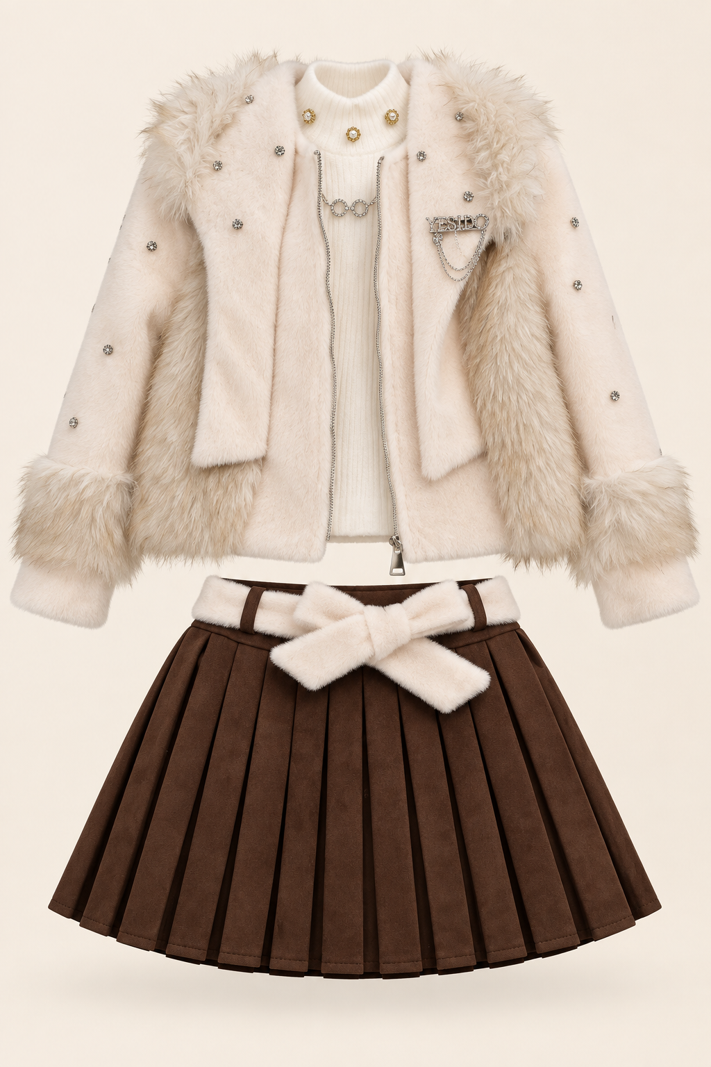 سكري وتنورة بنية / Cream & brown skirt / Krem ve kahve etek — AI-generated styling