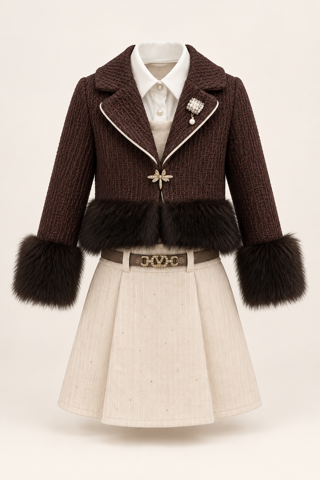 توييد بني وتنورة سكرية / Brown tweed & cream skirt / Kahve tüvit ve krem etek — AI-generated styling