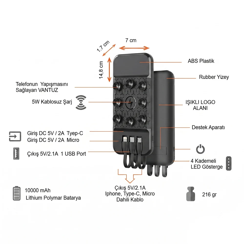 Işıklı Logo Wireless Powerbank 10000 mAh